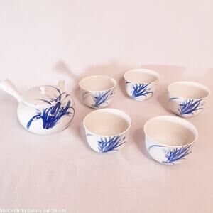 Japanese Tea Set Hand Painted Blue On White Porcelain Five Yunomi Cups